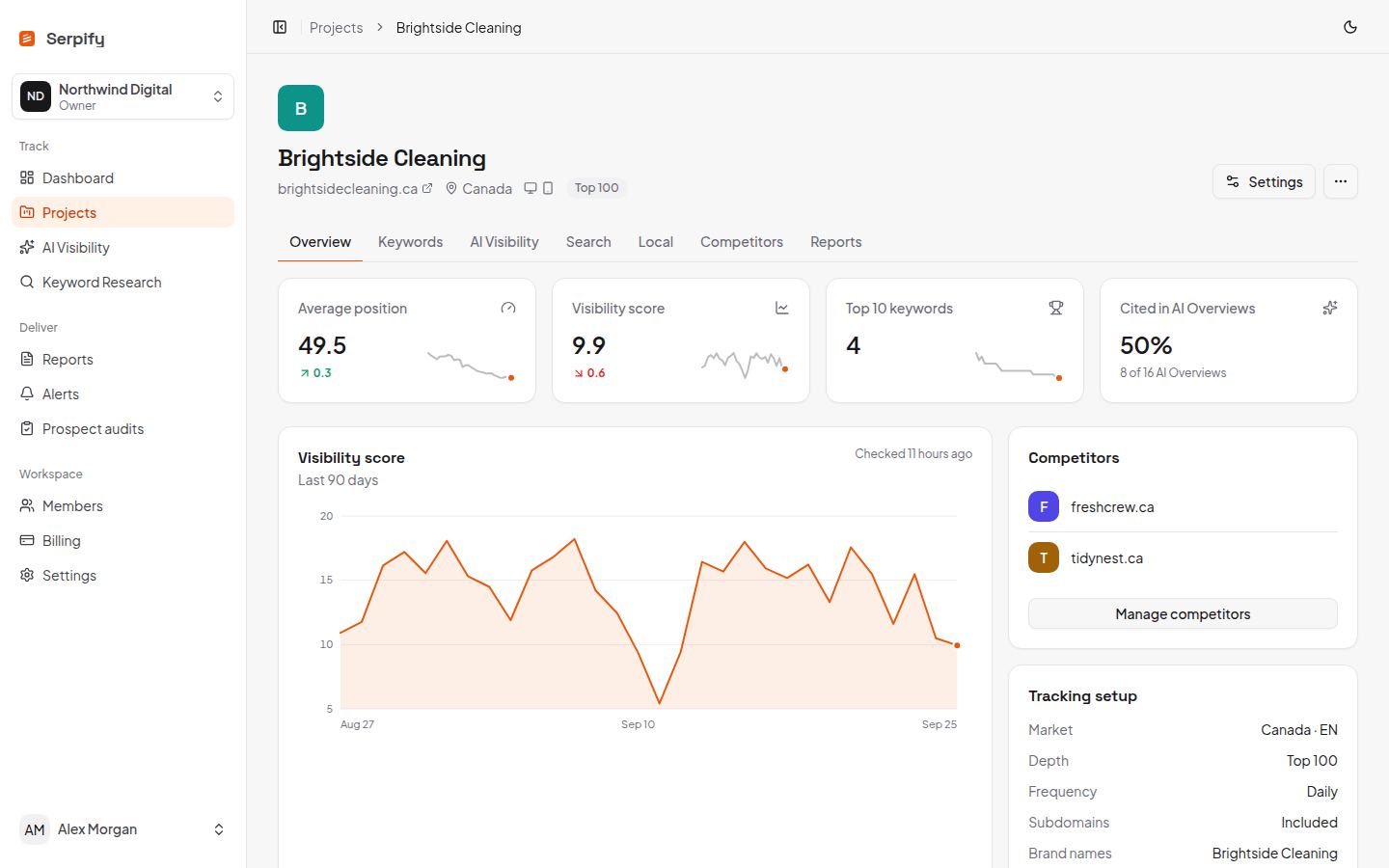 Project overview with visibility score trend and KPI tiles