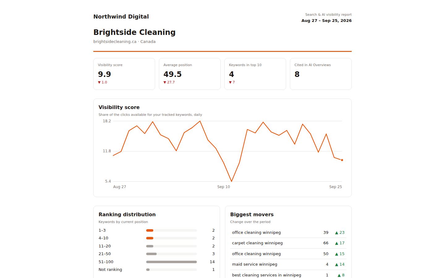 Branded client report with KPIs, visibility trend, ranking distribution and biggest movers