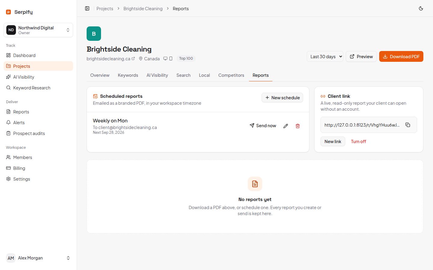 Reports page with schedules and generated reports